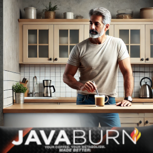 Man stirring coffee at a kitchen counter